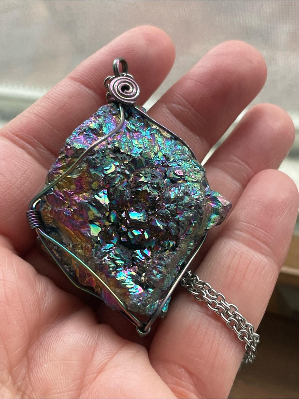 Multicolor Titanium Druzy Pendant Necklace 20” - Iridescent Crystal Statement